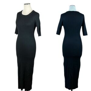 Camila Coelho Ribbed Stretch Knit Long Black Sweater Dress Braided Neckline NWT